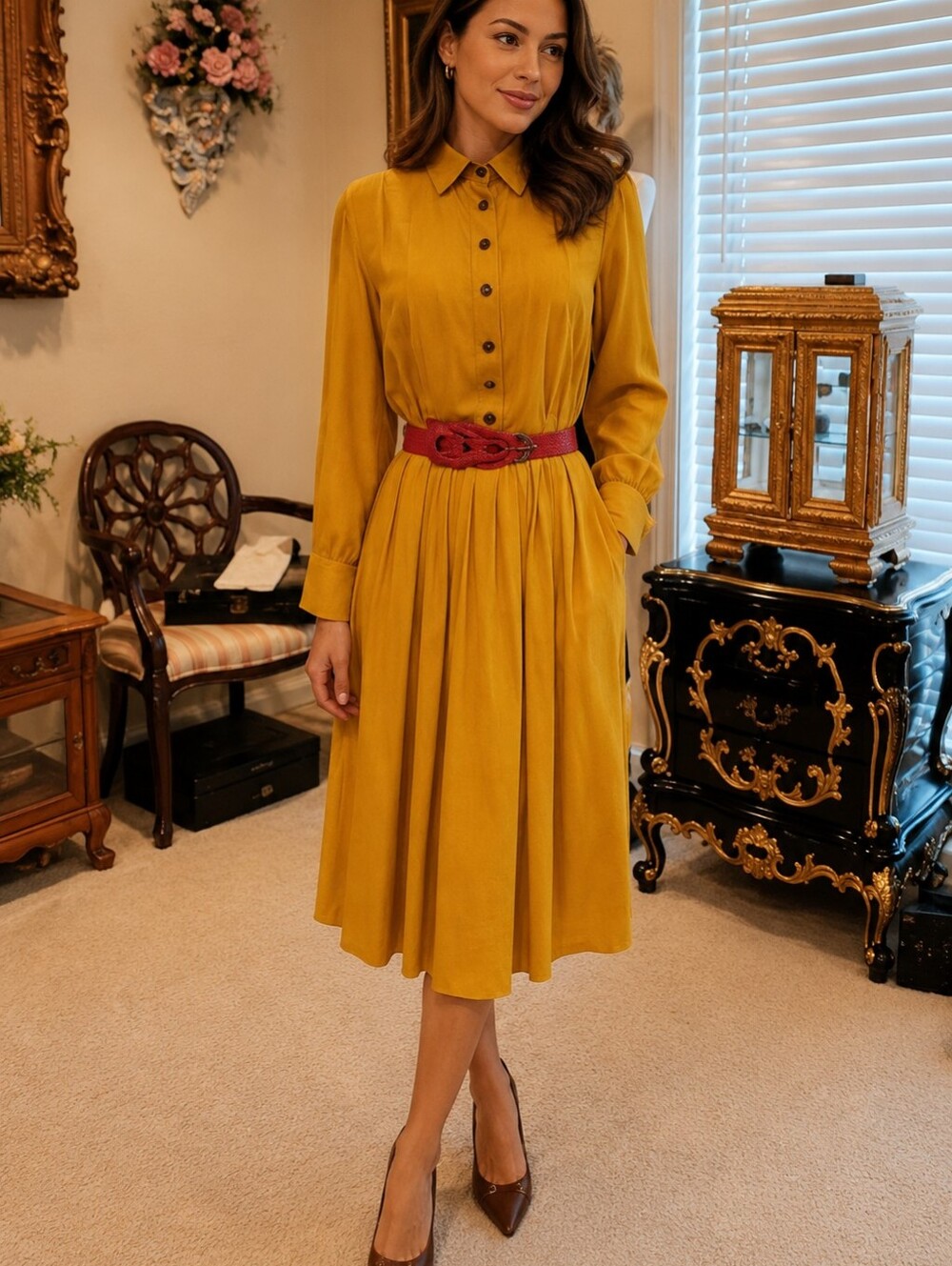 Make Mine a McKettrick Vintage Mustard Yellow Shirtwaist Midi Dress S
